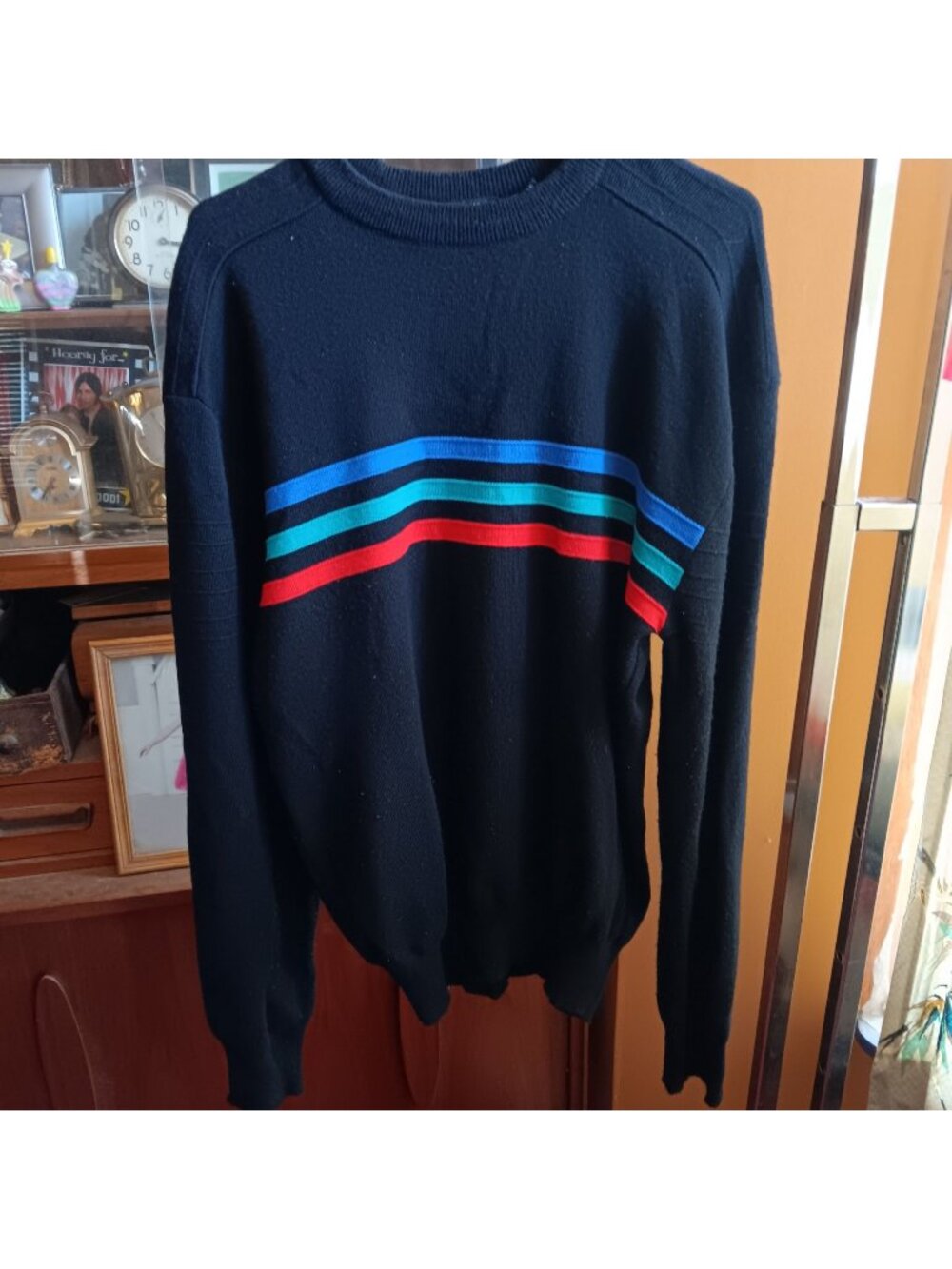 XL True Vintage 80's Ski Sweater White Stag Striped Wool Blend